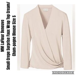 MM LaFleur Deneuve Crepe Surprise Faux Wrap Top Cream/Cham-pagne Blouse Size S